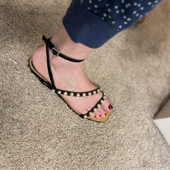 Zara Black Sandals Size 8.5 (Size 39) flat with Gold and Pearl detail - Picture 8 of 9